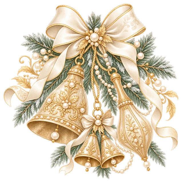アイボリーリボンと金のベルを描いた上品で豪華なクリスマスオーナメントイラスト