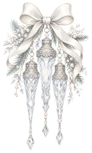 銀のリボンとつらら飾りを描いた上品で豪華なクリスマスオーナメントイラスト