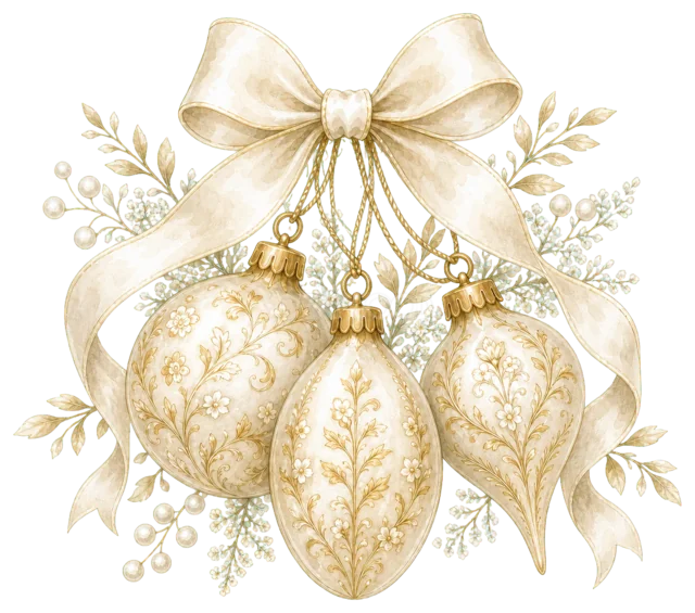 アイボリーと金のオーナメントを描いた上品で豪華なクリスマスオーナメントイラスト