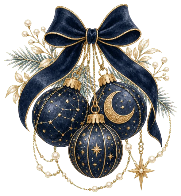 紺色リボンと星空のオーナメントを描いた上品で豪華なクリスマスオーナメントイラスト