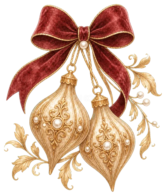 ボルドーリボンと金のオーナメントを描いた上品で豪華なクリスマスオーナメントイラスト