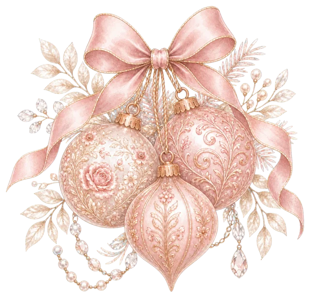ピンクリボンと花柄オーナメントを描いた上品で豪華なクリスマスオーナメントイラスト