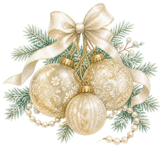 白いリボンとシャンパンゴールドのオーナメントを描いた上品で豪華なクリスマスオーナメントイラスト
