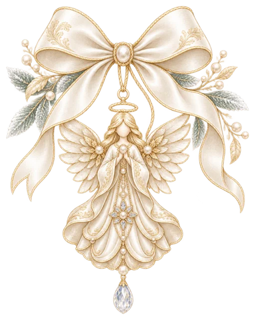 白いリボンと金のしずく飾りを描いた上品で豪華なクリスマスオーナメントイラスト