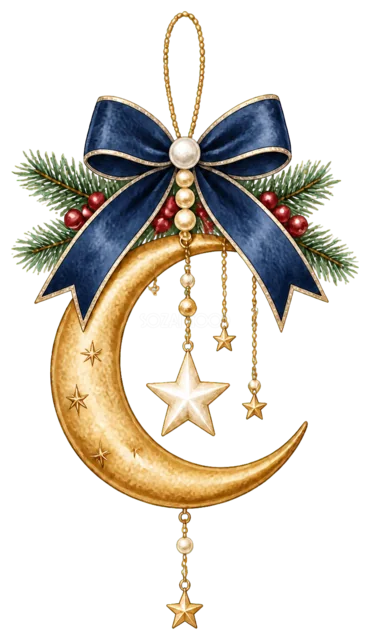 紺色リボンと金の三日月を描いた定番のクリスマス飾りイラスト
