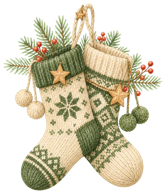 緑の編み込み靴下を描いた定番のクリスマス飾りイラスト