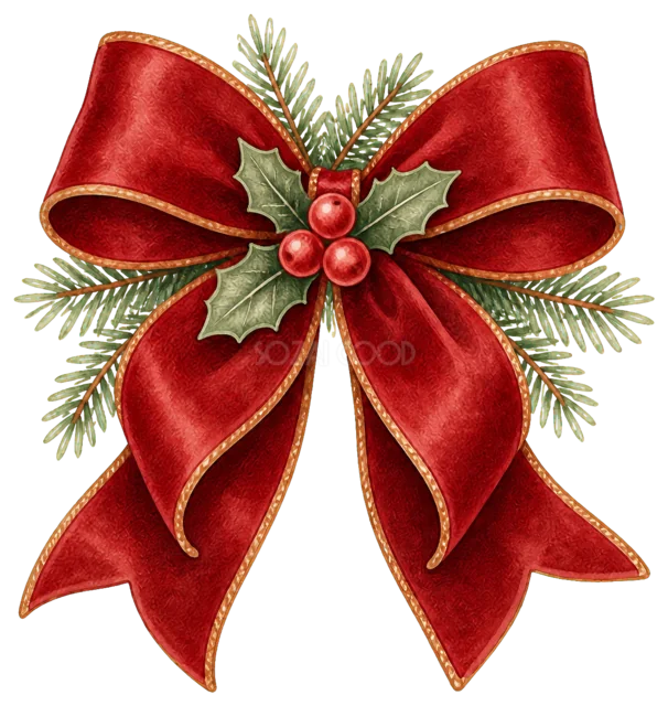 赤いベルベットリボンを描いた定番のクリスマス飾りイラスト
