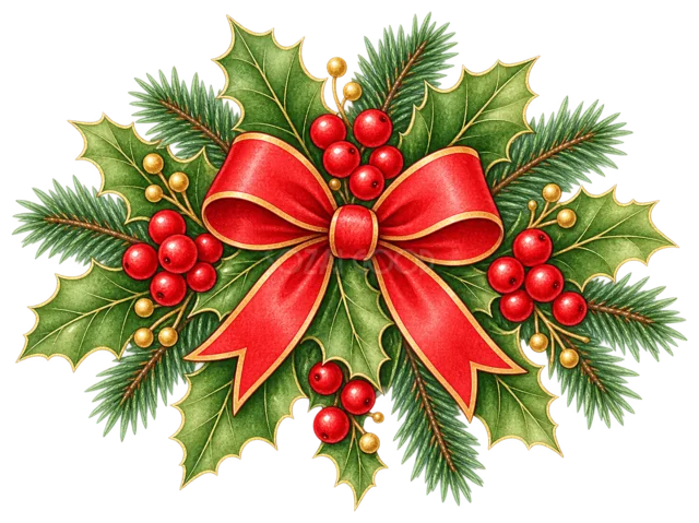 ヒイラギと赤い実のリボン飾りを描いた定番のクリスマス飾りイラスト