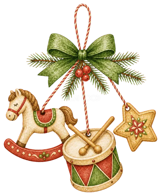 木馬と太鼓のオーナメントを描いた定番のクリスマス飾りイラスト