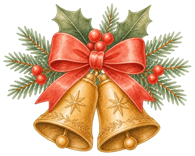 赤いリボンと金のベルを描いた定番のクリスマス飾りイラスト