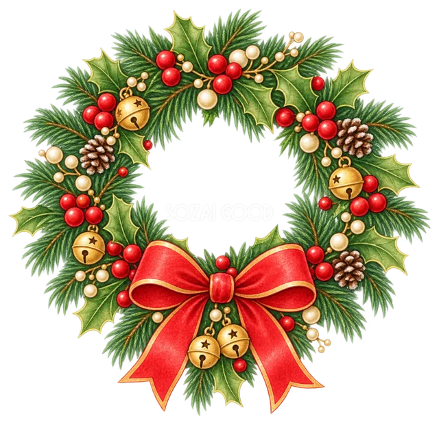 赤いリボンのクリスマスリースを描いた定番のクリスマス飾りイラスト