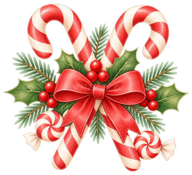 赤白キャンディケインの飾りを描いた定番のクリスマス飾りイラスト