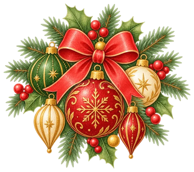 赤と金のオーナメント飾りを描いた定番のクリスマス飾りイラスト