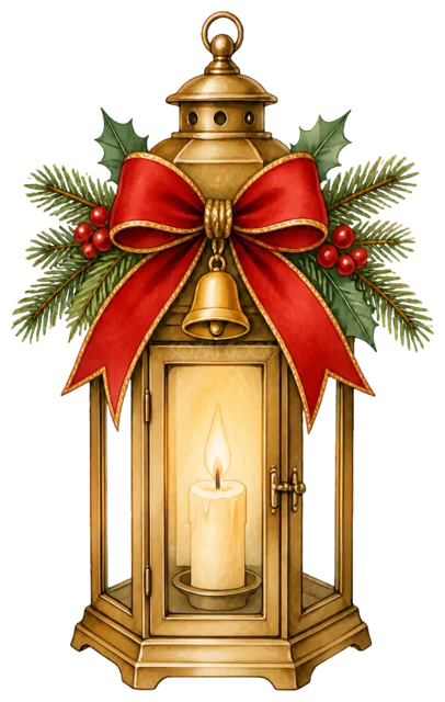 赤いリボンのキャンドルランタンを描いた定番のクリスマス飾りイラスト