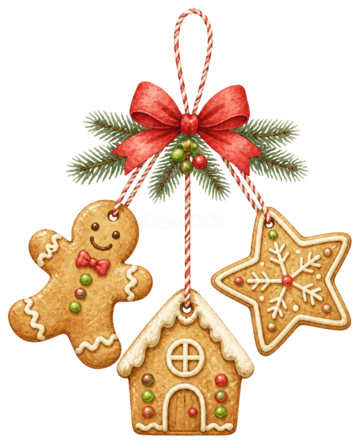 ジンジャーブレッドの吊り下げ飾りを描いた定番のクリスマス飾りイラスト