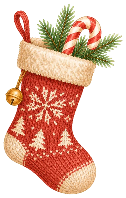 キャンディケイン入りの赤い靴下を描いた定番のクリスマス飾りイラスト