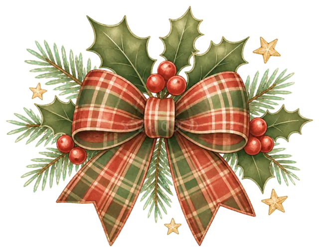 チェック柄リボンとヒイラギを描いた定番のクリスマス飾りイラスト