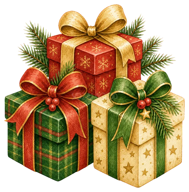 赤と緑のプレゼント箱を描いた定番のクリスマス飾りイラスト