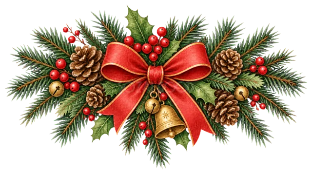 ベル付きもみの枝ガーランドを描いた定番のクリスマス飾りイラスト