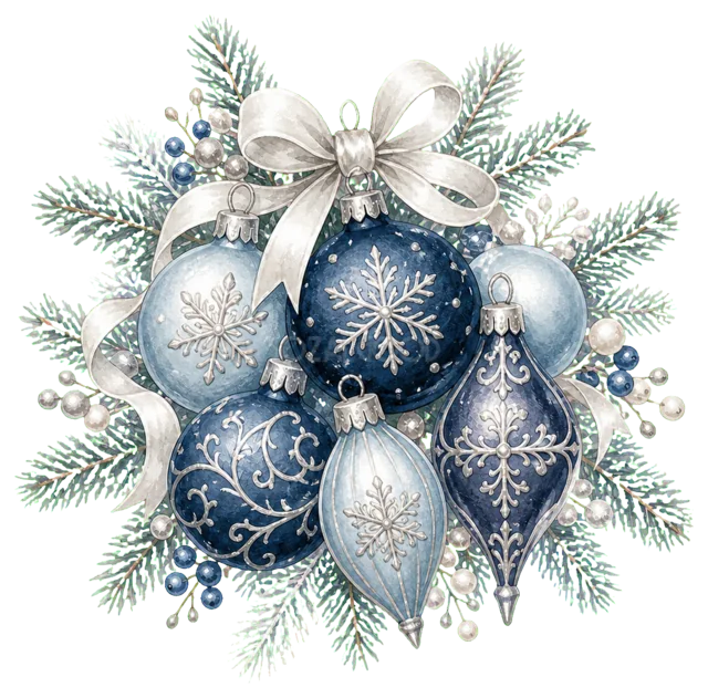青と銀のオーナメントを描いた定番のクリスマス飾りイラスト