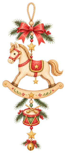 木馬の縦飾りを描いたクリスマスガーランド・吊り下げ飾りイラスト