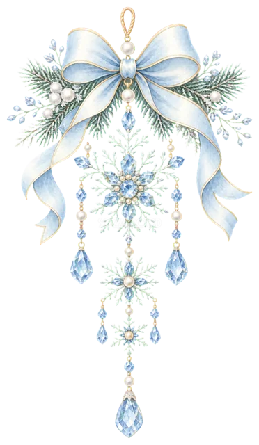 青いリボンと雪の結晶の縦飾りを描いたクリスマスガーランド・吊り下げ飾りイラスト