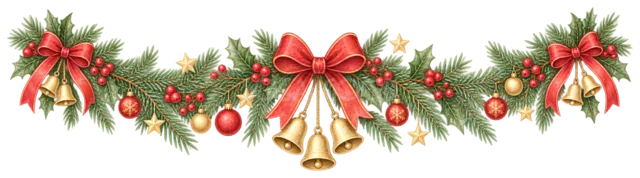 ベル付きもみの枝ガーランドを描いたクリスマスガーランド・吊り下げ飾りイラスト