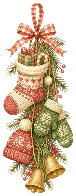 靴下とベルの縦飾りを描いたクリスマスガーランド・吊り下げ飾りイラスト