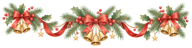 赤いリボンとベルの横長ガーランドを描いたクリスマスガーランド・吊り下げ飾りイラスト