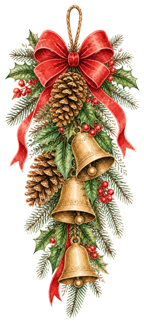 松ぼっくりとベルの縦飾りを描いたクリスマスガーランド・吊り下げ飾りイラスト