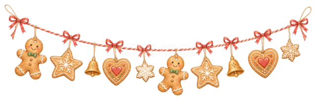ジンジャーブレッドクッキーのガーランドを描いたクリスマスガーランド・吊り下げ飾りイラスト