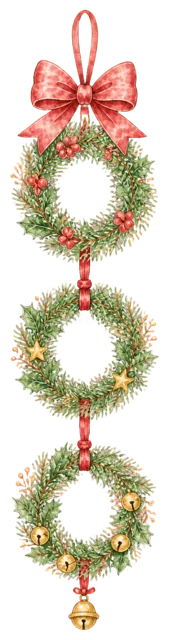 三つのリースの縦飾りを描いたクリスマスガーランド・吊り下げ飾りイラスト