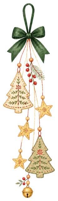 木製ツリーと星の縦飾りを描いたクリスマスガーランド・吊り下げ飾りイラスト