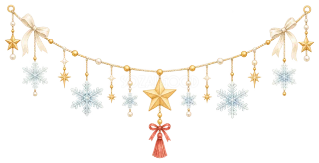 雪の結晶と星のガーランドを描いたクリスマスガーランド・吊り下げ飾りイラスト