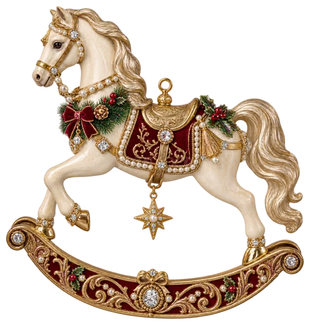 白馬と赤いベルベットの木馬を描いた金色で豪華なクリスマス飾りイラスト
