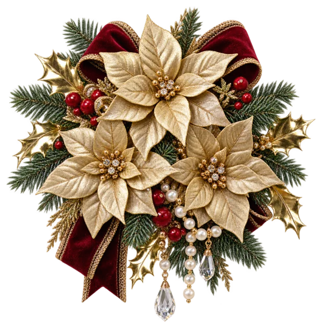金色ポインセチアの花束を描いた金色で豪華なクリスマス飾りイラスト