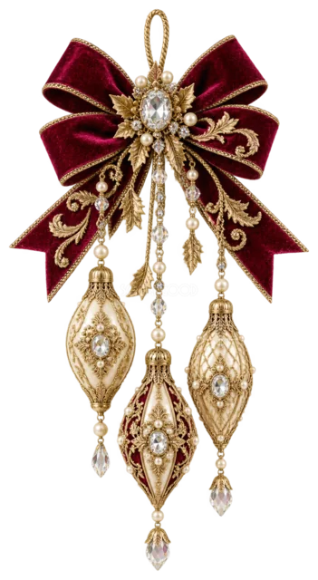 ボルドーリボンと金のしずく飾りを描いた金色で豪華なクリスマス飾りイラスト