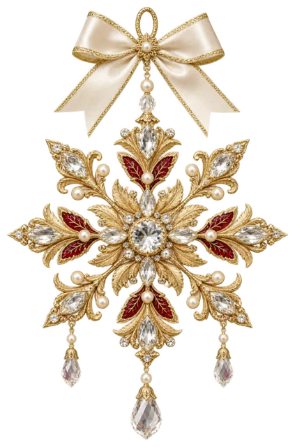 金細工の雪の結晶オーナメントを描いた金色で豪華なクリスマス飾りイラスト