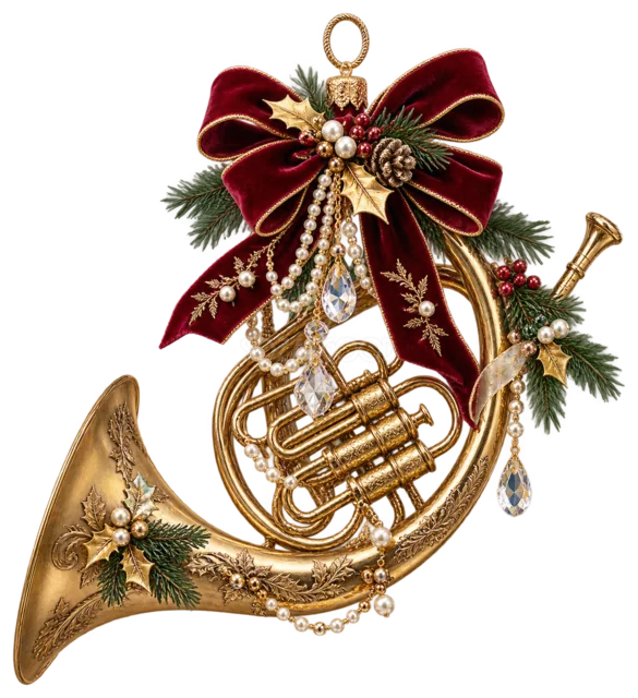 ボルドーリボンを結んだ金のホルンを描いた金色で豪華なクリスマス飾りイラスト