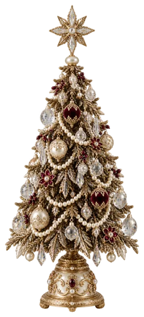 金とボルドーの豪華なクリスマスツリーを描いた金色で豪華なクリスマス飾りイラスト