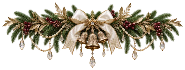 アイボリーリボンともみの枝ガーランドを描いた金色で豪華なクリスマス飾りイラスト
