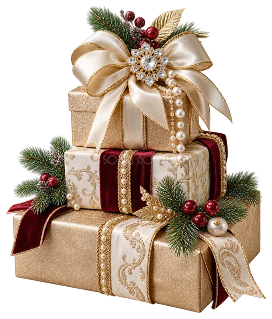 金とボルドーのプレゼント箱を描いた金色で豪華なクリスマス飾りイラスト