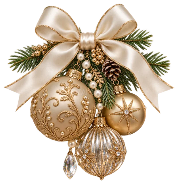 アイボリーリボンと金のオーナメントを描いた金色で豪華なクリスマス飾りイラスト