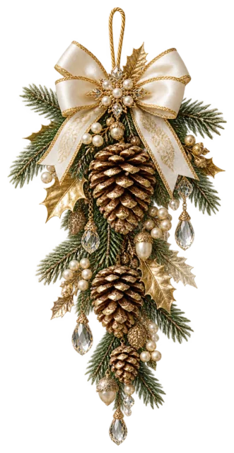 松ぼっくりと真珠の縦飾りを描いた金色で豪華なクリスマス飾りイラスト