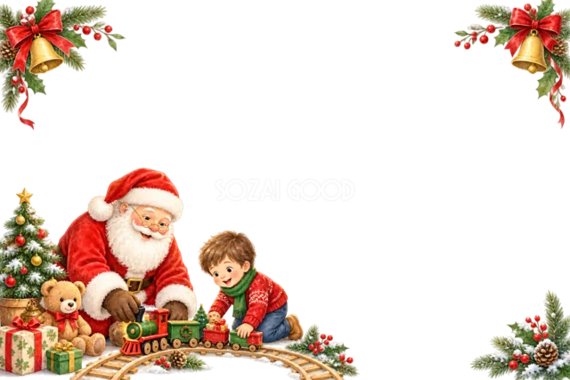 プレゼントを渡すサンタと女の子のクリスマスメッセージカード