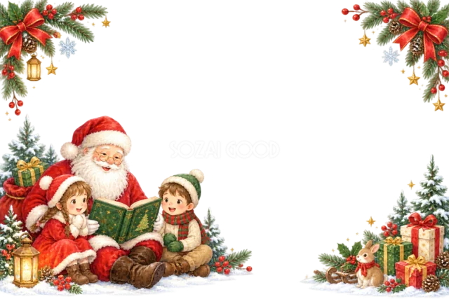 暖炉を囲むサンタと子どものクリスマスメッセージカード