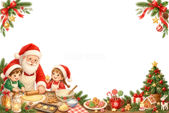 おもちゃを作るサンタと子どものクリスマスメッセージカード