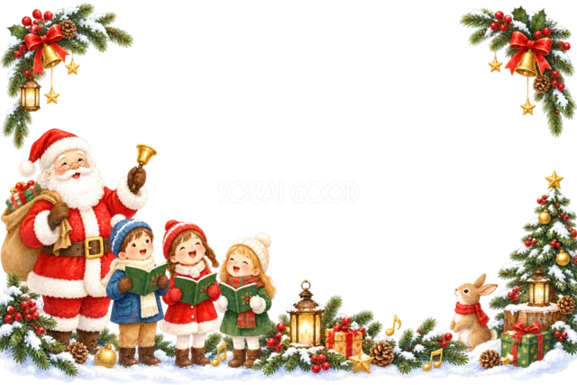 クリスマスパーティーを楽しむサンタと子どものメッセージカード