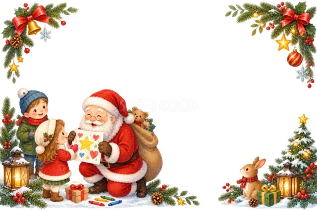 そりに乗るサンタと子どものクリスマスメッセージカード