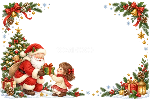絵を贈る子どもとサンタのクリスマスメッセージカード